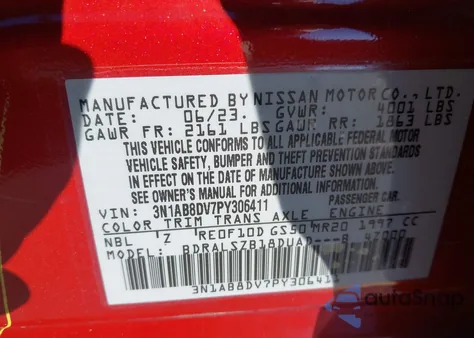 2023 Nissan Sentra Sr Xtronic Cvt z USA, uszkodzony, nr VIN 3N1AB8DV7PY306411